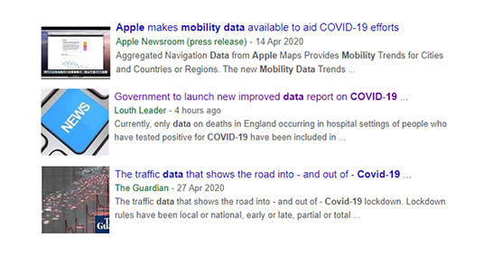 Screenshots of news articles about COVID-19 showing data collaboration.